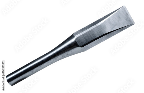 Steel masonry chisel isolated on white background for construction and stone carving work.