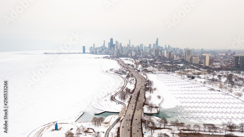 Snow-covered Chicago lakefront and skyline from above