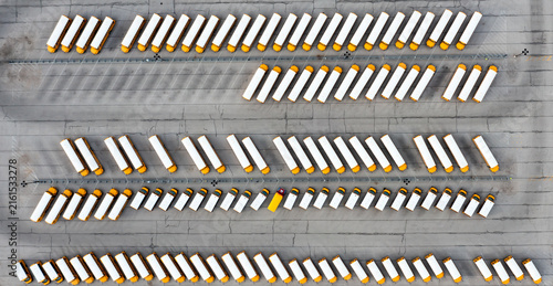 Rows of yellow school buses in a large parking depot