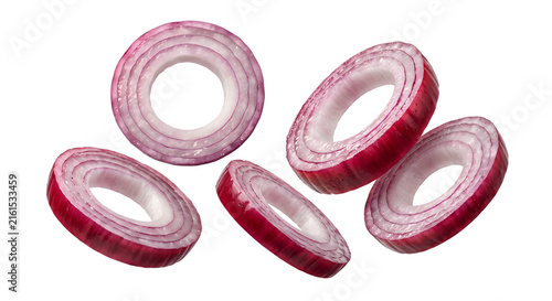 Fotografía Levitating red onion rings on transparent background