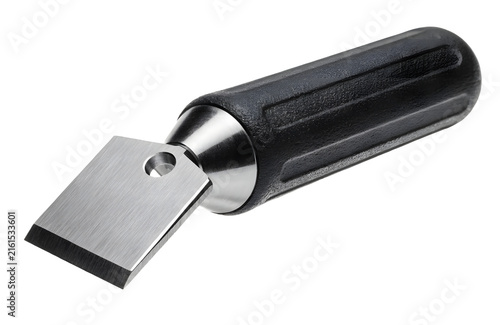 Handheld deburring tool for metal finishing and edge smoothing isolated on white background.