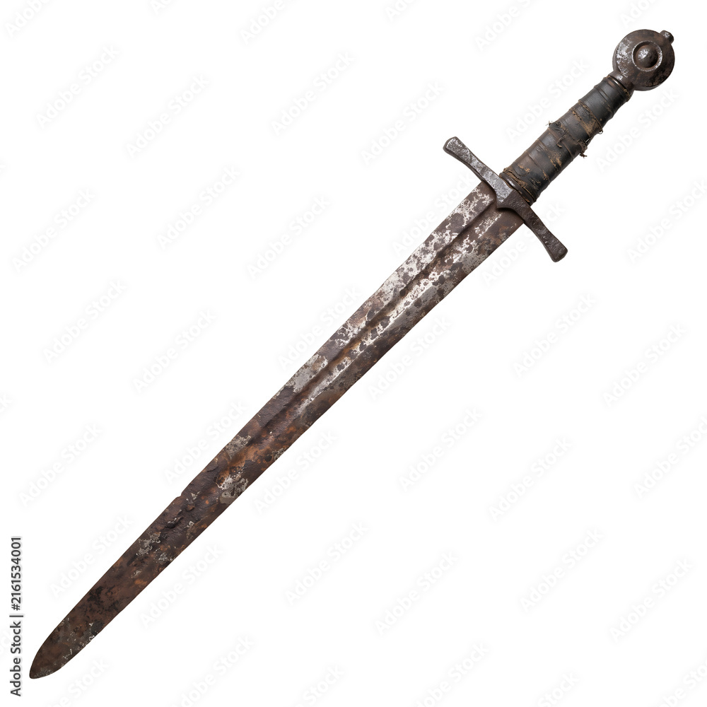 Naklejka premium Ancient Medieval Rusty Sword With Worn Leather Handle Isolated On Transparent Background High Quality Close Up Cutout