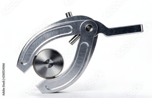 Compact manual pipe cutter tool for plumbing and metal tube cutting isolated on white.