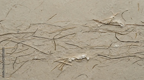 Macro close-up of fibrous handmade paper texture with organic natural fiber strands.