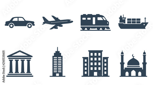 Set of eight flat transport and architecture icons.