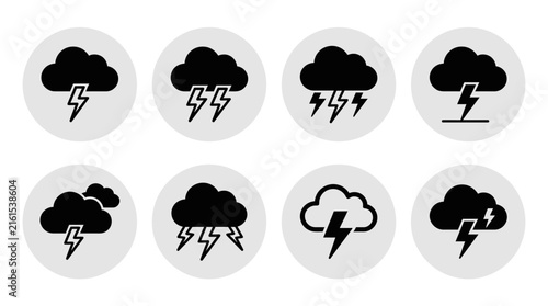 Set of eight flat black weather icons depicting thunderstorm and lightning bolt cloud variations.