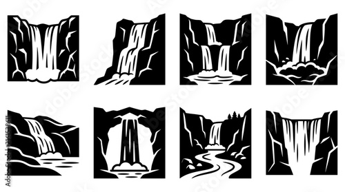 Set of eight stylized waterfall icons and nature landscape illustrations.