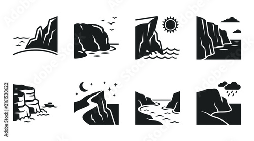 Set of eight hand drawn cliff landscape icons in black and white.
