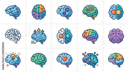 Set of fifteen brain concept icons representing mental processes and artificial intelligence.