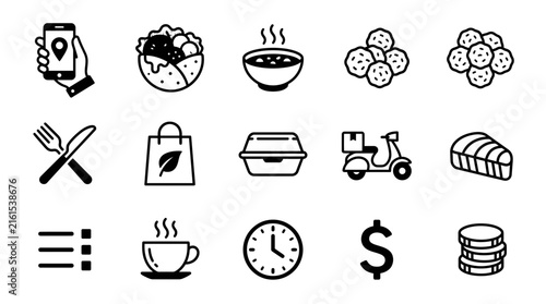 Set of Food Delivery and Restaurant Line Icons.