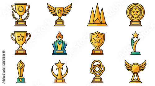Set of gold trophy cup icons and achievement awards.
