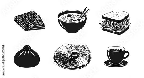 Hand-drawn style black and white food illustrations.