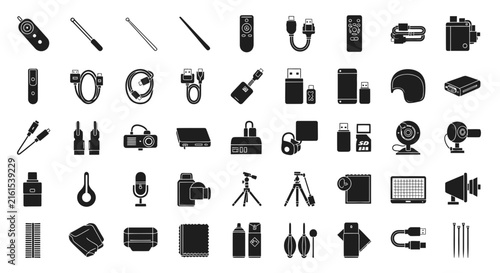 Large assortment of electronic hardware and tech device icons.