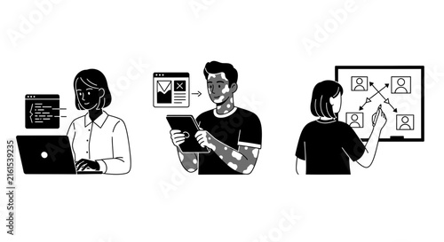 Illustrations of people using technology and organizing workflows.