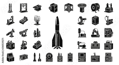 Manufacturing machinery and robotic automation icon set.