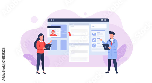 Medical professional interface with doctor characters illustration.