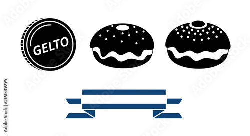 Minimalist icon set of gelato, donuts, and ribbon banner.
