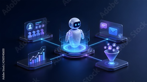 An artificial intelligence robot interacts with various digital marketing and customer relationship management concepts 3d rendered