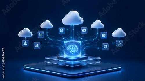 A glowing brain inside a cube is connected to multiple cloud computing icons representing data management 3d rendered.