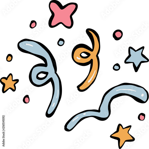Isolated Cute Party Streamers Illustration Vector. Hand Drawn Colorful Confetti Ribbons, Stars, and Dots. Whimsical Holiday Birthday Surprise New Year Clipart Graphic Design Asset.