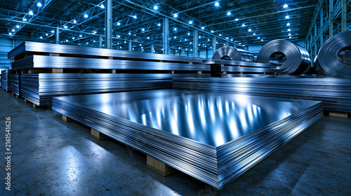 Stacks of shiny metal sheets are stored in a large industrial warehouse under bright overhead lighting. Perfect for manufacturing and heavy engineering industry concepts.