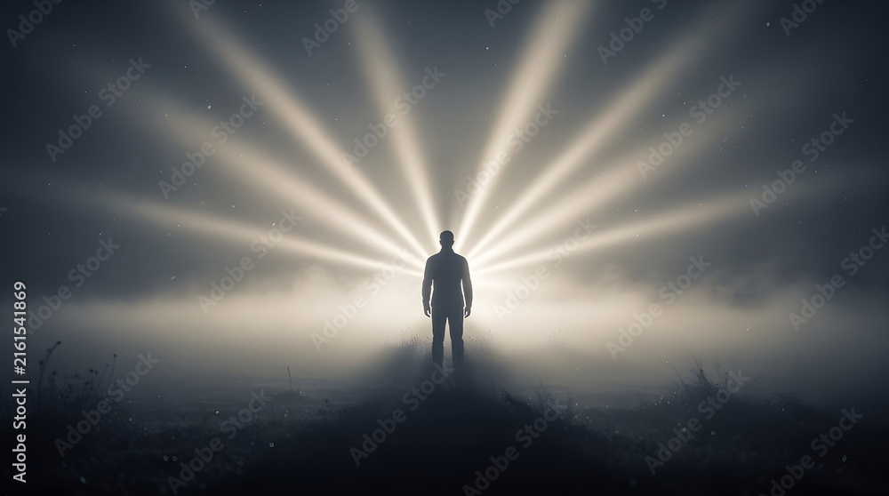 Fototapeta premium A silhouette of a man standing in front of bright radiating light in the dark.