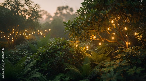 Enchanted garden illuminated with warm glowing fairy lights hanging in trees at dusk.