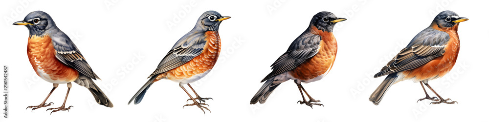 Fototapeta premium Elegant quartet of american robins isolated on black background, watercolor style painting