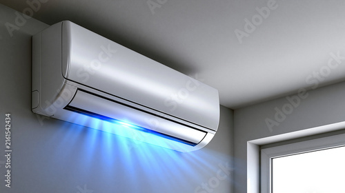 A modern air conditioner unit emits cool blue light on a wall. Use this for climate control and home comfort concepts.