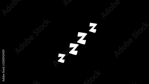 White Zzz trio slides diagonally with smooth synchronized motion on black background. Triple sleep letters enhance group scene storytelling for friends. Ideal for seamless loopable snoring.