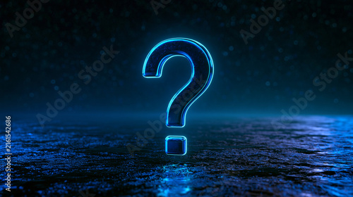 A glowing blue neon question mark icon stands on a dark, reflective surface with bokeh background. Symbolizes mystery and technical problem solving concept.