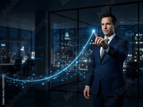 Professional businessman confidently analyzing futuristic upward-trending stock market graph with digital interface in modern office setting