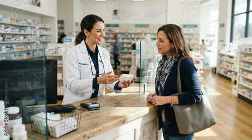 Pharmacist in a white coat handing a package to a customer at a counter