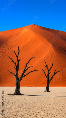 Two dead trees standing against a vivid red sand dune and blue sky