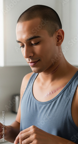 Young hispanic man with visible scars on neck and chest smiling gently while preparing food in kitchen