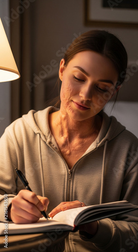 Young woman with visible scars on face and neck writing in notebook under warm lamp light