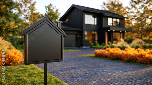 A blank house-shaped sign stands in the foreground of a modern luxury home at sunset. This image serves as a perfect template for real estate advertising.