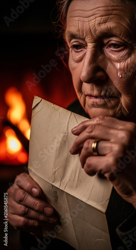 Close up of crying elderly woman holding old crumpled letter near fireplace background