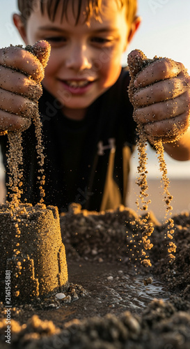 Close up of happy boy hands pouring wet sand grains building sandcastle on sunny beach at sunset light with blurred face in background