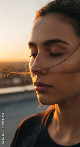 Close up profile of young woman with windblown hair and closed eyes enjoying warm golden sunset light