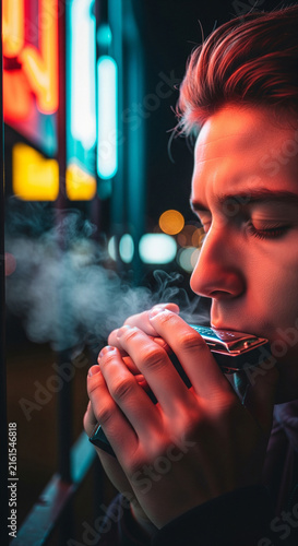 Close up profile of young musician playing harmonica with eyes closed surrounded by neon city lights and smoke at night
