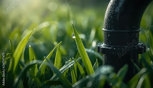 Fresh morning dew drops clinging to vibrant green grass blades beside dark irrigation pipe surface with captures close perspective perspective single clear