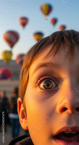 Extreme close up of amazed young boy with hot air balloon reflection in wide eye looking at sky during sunset