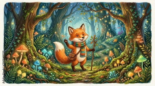 Whimsical Fox Character Exploring a Magical Forest Pathway Adorned with Mushrooms and Twinkling Fairy Lights