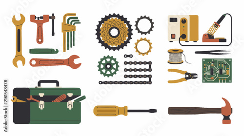 Collection of professional repair tools and mechanical equipment