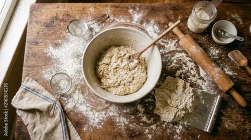 Aerial View of Dough Mixing in a Rustic Kitchen with Flour and Baking Tools on a Wooden Table