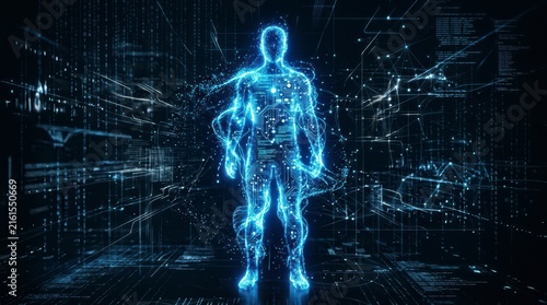Digital Human Representation in Futuristic Cyber Environment with Neon Glow and Abstract Data Visuals