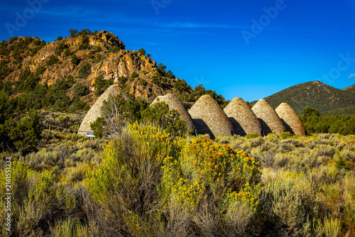 Canvastavla Row of historic stone Ward Charcoal Ovens in Nevada