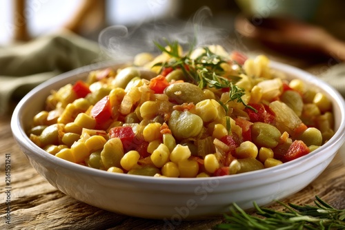 Colorful home-cooked succotash served in a ceramic bowl with fresh herbs