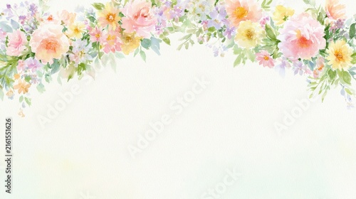 Colorful watercolor floral banner for a greeting card with blank text area